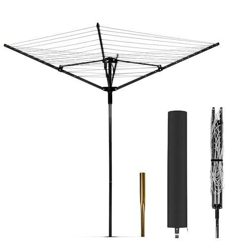 MYOYAY Wäschespinne für Draußen Garten Wäscheständer mit Metall Bodenhülse, Schutzhülle, 50m PVC Wäscheleine, 4-armig Wäscheschirm Faltbare Wäscheständer groß Drehbaren Wäschespinnen Outdoor