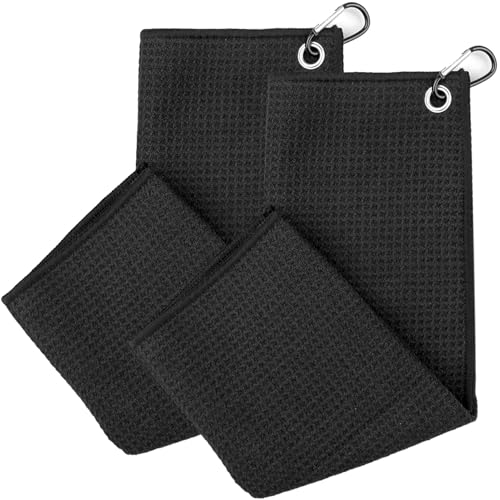 JJPJL Golf Handtuch 2 Stück,Golf Handtucher,Golfhandtuch,Golf Zubehör,mit Karabiner-Clip,Mikrofaser,zum Aufhängen an Golfschlägertasche,Yoga,Fitnessstudio,Camping,40 × 40cm (Schwarz)