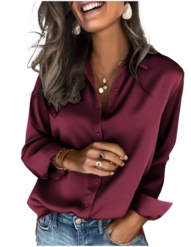 Zeagoo Bluse Damen Satin Elegant V-Ausschnitt Hemden Langarm Satinblusen Button Down Business Shirts Lässige Oberteil Tops Weinrot XXL