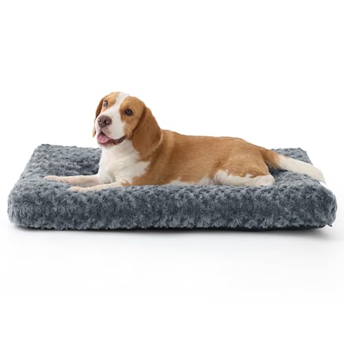 BEDSURE Hundebett Grosse Hunde waschbar - wirbelte plüschige Hundekissen Sanfte Unterstützung, bürstenplüsch hundematte mit Rutschfester Unterseite, Hundematratze für große Hunde, grau,89x58x7cm