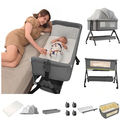 Aveainelle Baby-Beistellbett mit Matratze, Faltbare und Umwandelbare Babywiege, Verstellbare Babywiege, Co-Sleeping-Babybett mit Moskitonetz (Grau)