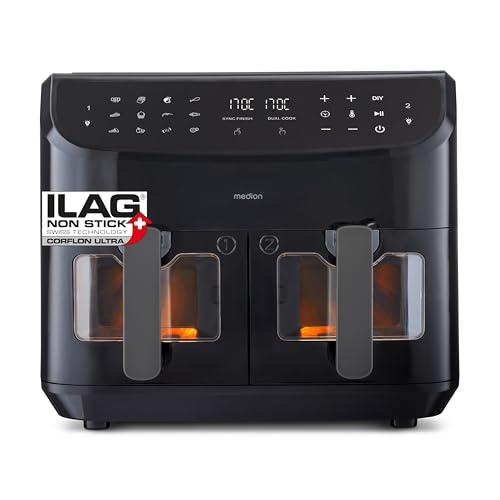 MEDION P20 XXL Heißluftfritteuse mit 2 Kammern MD11760 (8,7 Liter, Airfryer, 2.600 Watt, Doppelkammer, 10 Automatikprogramme, 2 Schubladen, Sichtfenster, Dualer Airfryer) schwarz