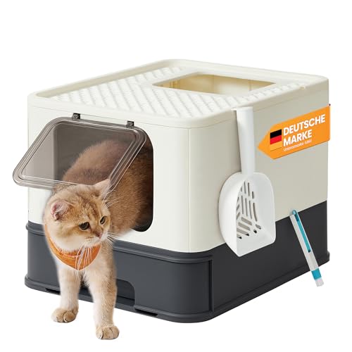 Feandrea Katzenklo, Katzentoilette, mit Deckel, ausziehbares Tablett, Schaufel, Bürste, für Katzen bis 15 kg, weniger Spuren, auslaufsicherer Boden, beige-schwarz PPT001W01