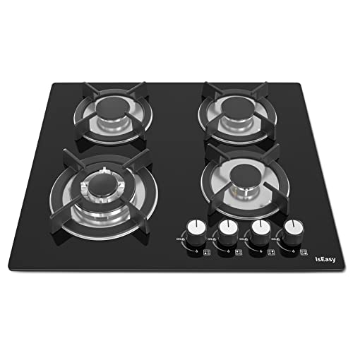 Gaskochfeld 4 Flammig, IsEasy Gaskochfeld Glas mit Automatischer Thermoelementschutz, Einbau Kochfeld Glas, 4 Zonen Gaskochfeld, Erdgas/Propangas, Schwarz Glasherd, 60cm, Up to 7800W