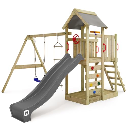 WICKEY Spielturm Klettergerüst MultiFlyer mit Schaukel & Rutsche, Outdoor Kinder Kletterturm mit Sandkasten, Leiter & Spiel-Zubehör für den Garten (Anthrazit)