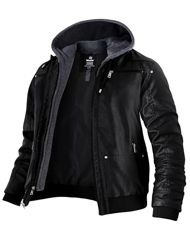 Wantdo Herren Kunstlederjacke Lederjacke Winter Kunstlederjacke Schwarz Winter Jacke Lang Kunstleder Schwarz L