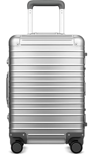 LUGGEX Aluminium Koffer Handgepäck, 100% Alu Koffer Trolleys ohne Reißverschluss, Hartschalekoffer Reisekoffer mit 8 Spinner Rollen, TSA Schloss, Silber, 55 x 38 x 23 cm, 40L