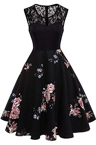 Axoe Damen 50er Jahre Rockabilly Kleid mit Blumenmuster Ärmellos, Farbe04, L (42 EU)