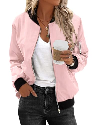 Zeagoo Jacke Damen Übergangsjacke Leicht Atmungsaktiv Bomberjacke Motorradjacke Langarm Fliegerjacke mit 2 Taschen Reißverschluss Blouson Rosa für Fruhling Sommer Herbst M