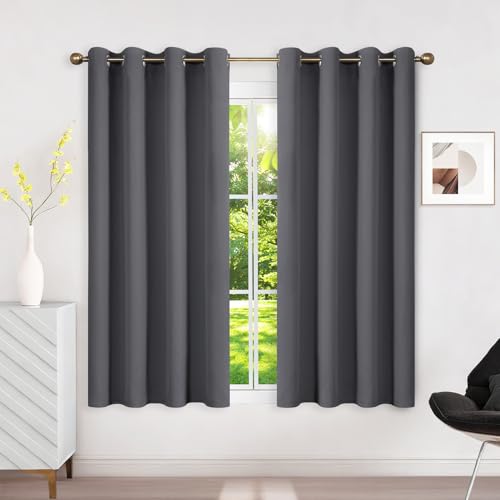 Runyéla Verdunklungsvorhänge mit Ösen Gardinen 2er Set, Thermovorhang Hitzeschutz Vorhänge Blickdicht Kurz Dunkelgrau, Ösenvorhang für Schlafzimmer Wohnzimmer Blackout Curtain H 140 x B 120