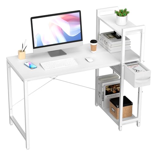 TESSTINA Schreibtisch Weiß Mit Schublade & Regalen, 120x50cm Großer Tischplatte, 75cm Ergonomische Höhe, 3-Stufige Ablage, Platzsparender Computertisch Für Home Office, Studium & Gaming