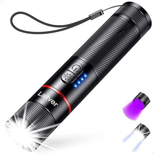 Laitver Taschenlampe LED/UV Aufladbar 2 in 1, 2000 Lumen Superhell Taschenlampen 395nm Mini Schwarzlicht 6 Modi, Zoombar Lange Akkulaufzeit Wasserdischt, für Beleuchtung & Erkennung von Tierurin