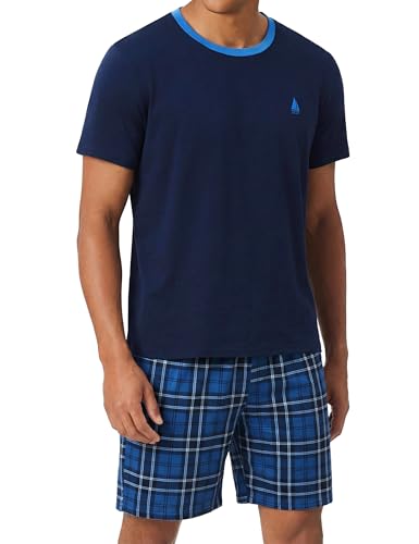 Bresdk Schlafanzug Herren Kurz Baumwolle Sommer Pijamas Shorty Pyjama Nachtwäsche Schlafanzüge Set Zweiteiliger Sleepwear Karierte Schlafanzughose für Zuhause Marineblau XL