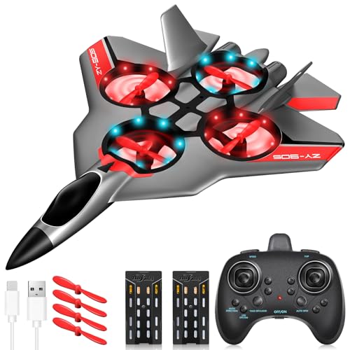 JONRRYIN RC Flugzeug für Kinder, 2,4 GHz Ferngesteuertes Flugzeugmodell mit LED, RC Flugzeug mit 4 Achsen Gyro Stabilisator für Kinder und Anfänger (Grau)