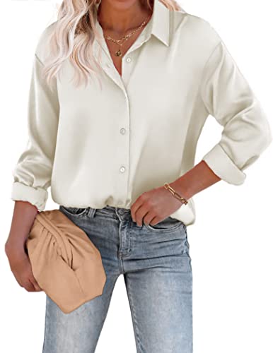 Beyove Damen Bluse Satin Seide V-Ausschnitt Hemden Elegant Langarm Business Oberteile mit Knöpfen Tops Lose Langarmshirt Beige M