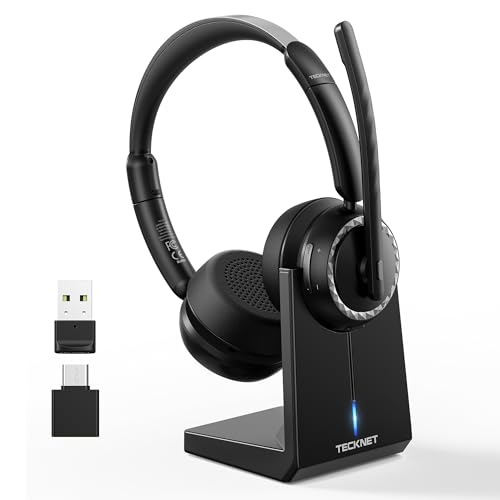 TECKNET V5.3 Bluetooth Headset mit Mikrofon, Wireless Headset mit AI Noise Cancelling Mikrofon, Ladestation, USB-Dongle, 55+ Std. Akku, Wiederaufladbar On-Ear Kopfhörer für Büro, Home, Callcenter