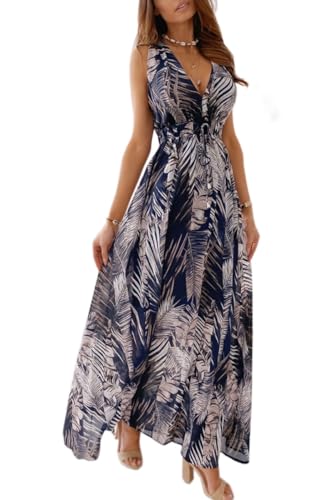 Yutdeng Sommerkleid Damen Lang Casual Strandkleid Damen Sexy Kaftan Damen Ärmellos Boho Sommer Freizeitkleid Elegant V-Ausschnitt Maxikleider Bunte Print Kleider Beachwear Strand Outfits Strandtunika