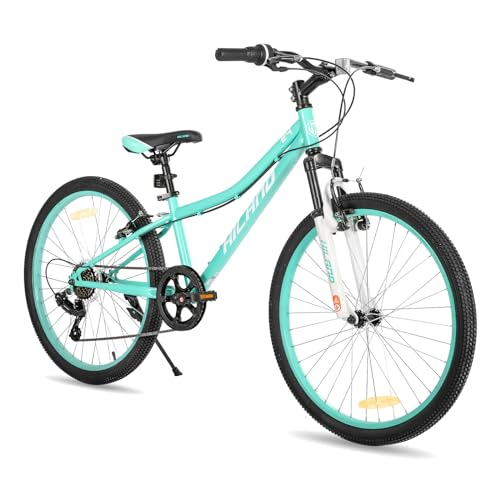 HILAND Climber 24 Zoll Kinderfahrrad Mountainbike MTB mit Federgabel 7 Gang V-Bremse Jugend Mädchen Jugendliche Fahrad Mintgrün