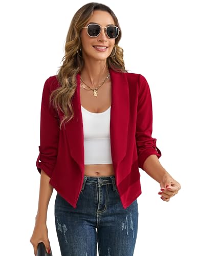 YesPerfect Damen Blazer Elegant 3/4 Arm Business Slim Fit Revers B ro Casual Arbeit Jacke, Wein Rot, M