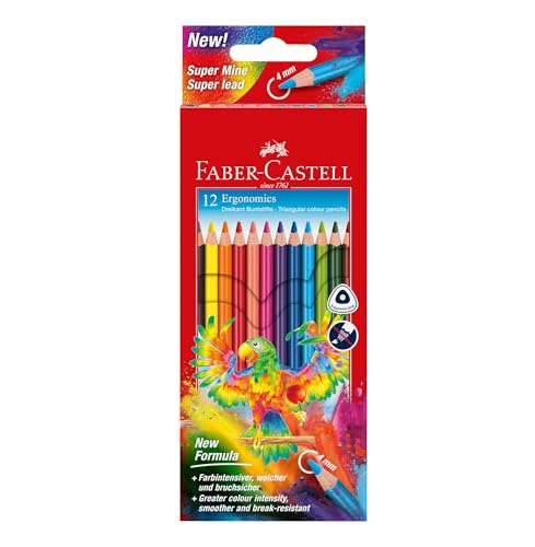 FABER-CASTELL 116512 - Buntstifte Set Dreikantform, 12 Farbstifte für Kinder und Erwachsene, bruchgeschützte Mine