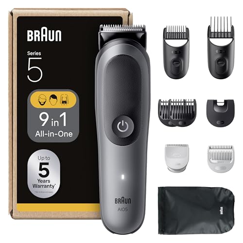 Braun All-in-One Trimmer-Set 5, 9-in-1 Multigroom, Barttrimmer, Haarschneider, Haarschneidemaschine für Gesicht, Kopf und Körper, 120 Min Akku, 14 Längen (3–21 mm), Wasserdicht, AIO5545, Grau