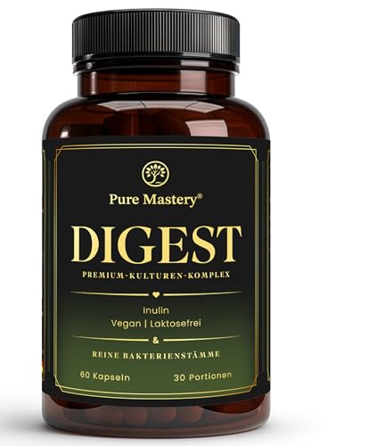 Pure DIGEST Premium Kulturen Komplex mit Inulin und Bakterienstämme, Probiotischer Komplex für die Darmgesundheit - 60 Kapseln. Vegan, laktosefrei magensaftresistent und laborgeprüft | Pure Mastery®