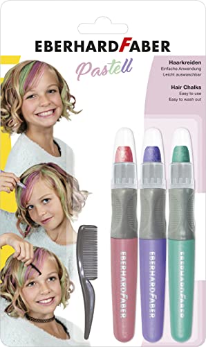 Eberhard Faber 579202 - Haarkreide für Kinder, 3 Pastell Farben, mit Haarkamm, leicht abwaschbar
