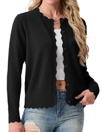 GRECERELLE Strickjacke Damen Kurz mit Rundhals und Knöpfen Leichte Langarm Cardigan Casual Wellenförmiger Rippensaum Strickjacken für Damen (Schwarz, M)