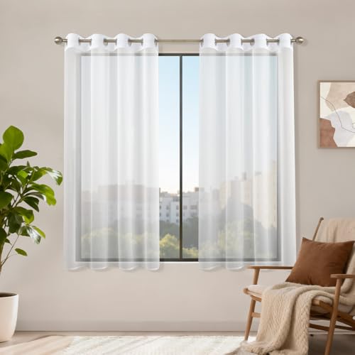 Runyéla Voile Gardinen mit Ösen 2er Set, H 145 x B 140 Stores Gardinen Weiß Transparent, Vorhänge Durchsichtig Weiss, Ösenvorhang Kurz Schlaufenschal für Schlafzimmer Wohnzimmer Küche Sheer Curtains