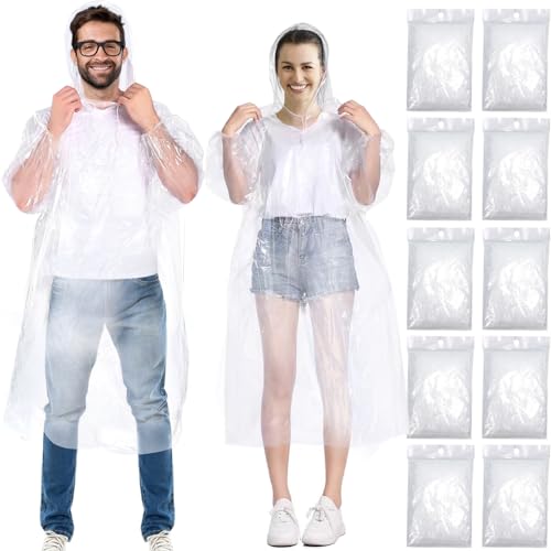 Henrycares 10 Stück Einweg Regenponcho Damen Herren, Durchsichtig Regencape Regenschutz mit Tunnelzug Kapuze und Elastische Manschette,Wasserdicht
