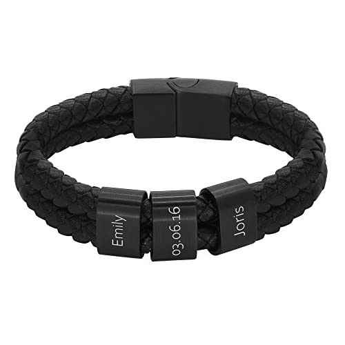 Heideman Armband Herren aus Leder schwarz matt - Lederarmband Elian mit schwarzen Gravurplättchen für Männer - Personalisiertes Geschenk