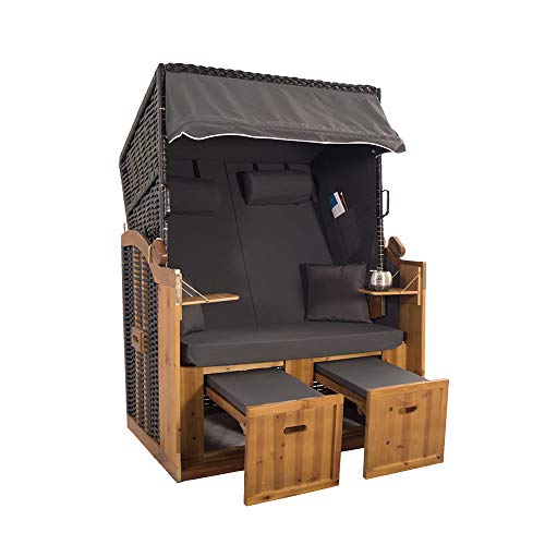 2-Sitzer Strandkorb Hörnum - Volllieger mit Fußablagen – inkl. Nackenkissen und Kuschelkissen Set - (Geflecht - Schwarz, Grau - Uni)