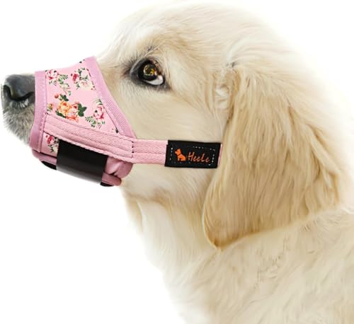 HEELE Hund Maulkorb, Maulkörb für Hunde, Weiche Nylon Drucken Maulkorb Air Mesh Atmungsaktiv Einstellbar Schleife Muster Haustiere Maulkörbe für Kleine Mittlere Große Hunde, Pinke Blume, M