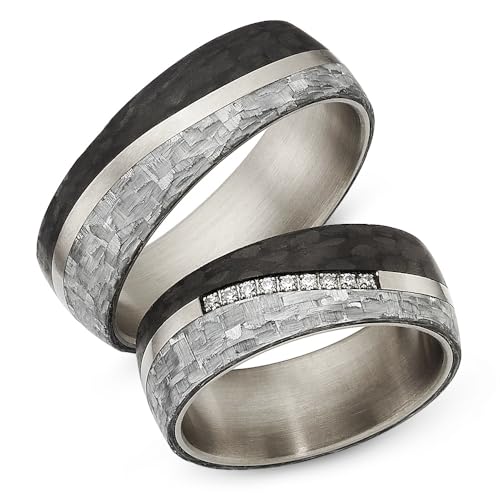 123traumringe Eheringe Set in Carbon & Titan I Partnerringe mit elf Zirkonia I Gratis Gravur und Etui I Ringgröße 50-72 I Hochwertige Verlobungsringe in 7 mm Breite & 2 mm Stärke I P34