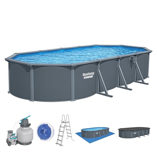 Bestway Hydrium Stahlwandpool 732x366x132 cm Oval, inkl. Sandfilteranlage, Holzoptik, Ganzjährig & Winterfest (kein Abbau)