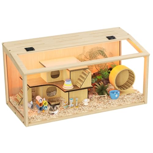 BingoPaw Hamsterkäfig Holz Kleintierkäfig Nagerkäfig Mäusekäfig mit klappbarem Deckel, 60 x 40 x 40 cm Natur