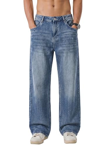 JMIERR Jeans Herren Baggy Baumwolle Weite Jeans Hose Herren Stretch Vintage Loose Fit - Bequeme Streetwear Freizeithosen Blau L