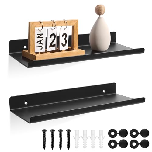 QJKEJI 2 Stück Wandregal Schwarz, Wandboard, Bilderleiste,Schweberegal Schwarz, Bad Regal Wand Bücherregal für Wohnzimmer Arbeitszimmer Badezimmer Küche Fotorahmen Dekos - Schwarz/30x11.5x3,5 cm