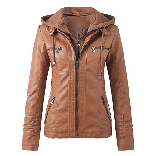 Generisch Lederjacke Damen Abnehmbarer Hut Kunstleder Übergangsjacke mit Kapuzen Reißverschluss Taillierte Jacket Motorradjacke Bikerjacke Kapuzenjacke Ladies Oberbekleidung, Kaffee, M