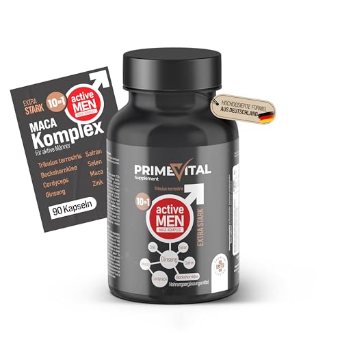 Maca Kapseln hochdosiert I Männer Testosteron¹ I Active Men I Maca mit Tribulus terrestris, Cordyceps, Bockshornklee, Zink, Ginseng, Safran, Selen - 90 Kps.