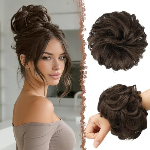FESHFEN Haarteil Mit Gummiband, Groß Dutt Haarteil Haargummi Mit Haaren Gelockt Haardutt Synthetisch Haarverlängerung Pferdeschwanz Haarteile für Damen Mädchen, Darkest Brown Mix Light Auburn 55g