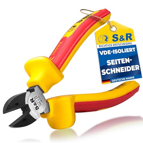 S&R VDE Seitenschneider 160mm – 1000V Zange, 60-Chrom-Vanadium-Stahl, induktions-/ hitze-gehärtet, phosphatiert, mit ergonomischen 2-Komponenten-Griffen, 21mm Schneidbacken, Draht- und Kabelschneider