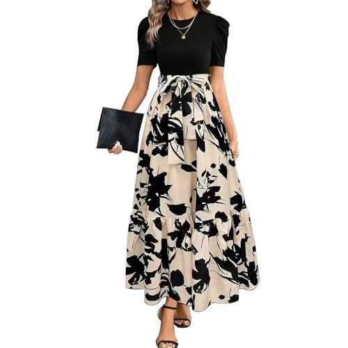 XFSRG Maxikleid Damen Rundhalsausschnitt Kurzarm Blumen Maxilang Kleid Sommer Rüschen Hohe Taille Langes Lockeres Bodenlanger Freizeitkleid(Beige/S)