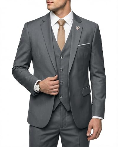 Hihawk Herren 3-teiliger Anzug mit Stretch Stoff Solid Slim Fit EIN-Knopf Anzug Blazer Set Jacke Weste Hose mit Krawatte, Tiefes grau, L