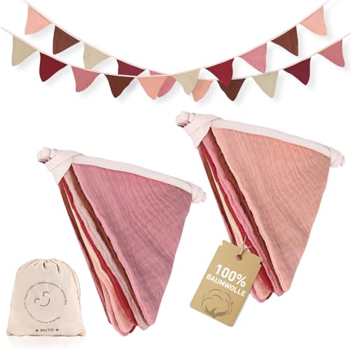 MutoToy® 2 Stück Wimpelkette Kinderzimmer, 2.7m Wimpelkette Stoff aus Musselin Baumwolle, Girlande Kinderzimmer Deko für Hausbett, Babybett, Kinderbett, Babyzimmer, Wanddeko (Rosa)