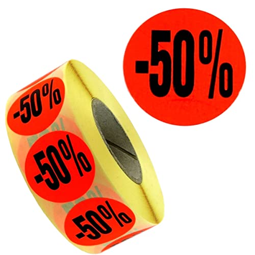 1.000 Aktionsetiketten/Rabattetiketten mit Aufdruck -50% | leuchtrot permanent 32mm | 1 Rolle