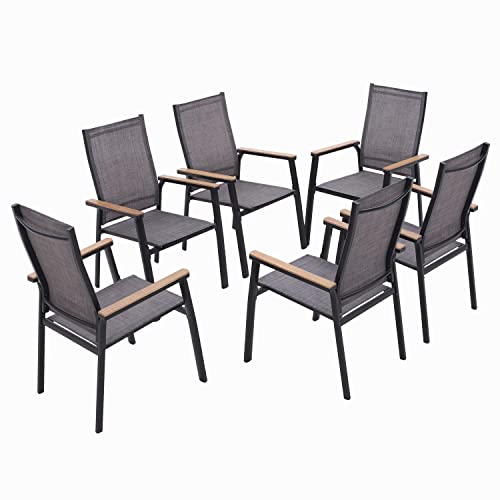MFSTUDIO Gartenstuhl 6er Set Aluminium, Textilene Balkon Stühle Stapelbar mit Handlauf mit Holzmaserung, Outdoor Sessel für Terrasse, Balkon, Veranda, Wetterfest