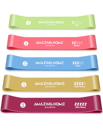 AMAZINGHOME 5er teiliges fitnessbänder Set aus Naturlatex – Unterschiedliche Widerstandsstufen, theraband geeignet für Zuhause, im Fitnessstudio, für Yoga und für eigenständiges Training.