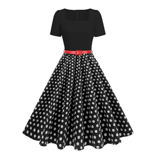 Odizli Rockabilly Kleider Damen Vintage Retro 50er Jahre Petticoat Kleid Audrey Hepburn Square Neck Polka Dot Swing Coctailkleid Festlich Hochzeit Hochzeitsgast Knielang Sommerkleid Schwarz M
