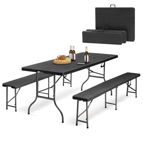Sekey Bierzeltgarnitur Klappbar Campingtisch Set, 2 x Bierbänke & 1 x Biertisch, 180cm Biertischgarnitur 3-teilig Gartenmöbel Set Holzmaserung, Schwarz